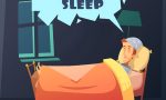 Color illustration depicting man in bed at night with nightcap near gramophone with title bad sleep vector illustration
