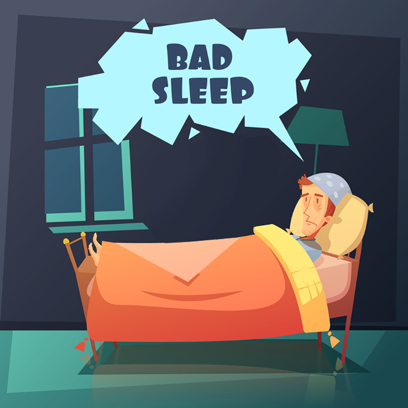 Color illustration depicting man in bed at night with nightcap near gramophone with title bad sleep vector illustration